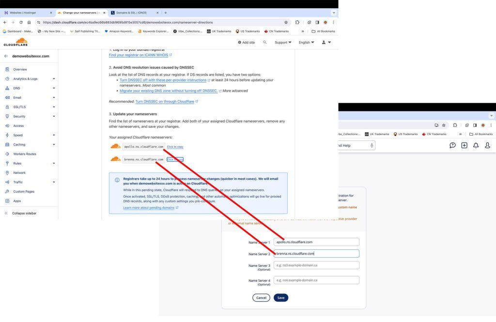 Screenshot showing how to enter Cloudflare custom nameservers in the domain registrar's records.