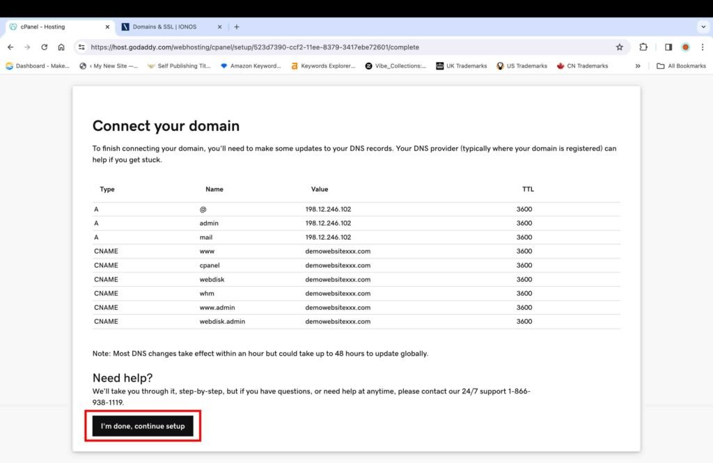 GoDaddy screenshot showing DNS records.