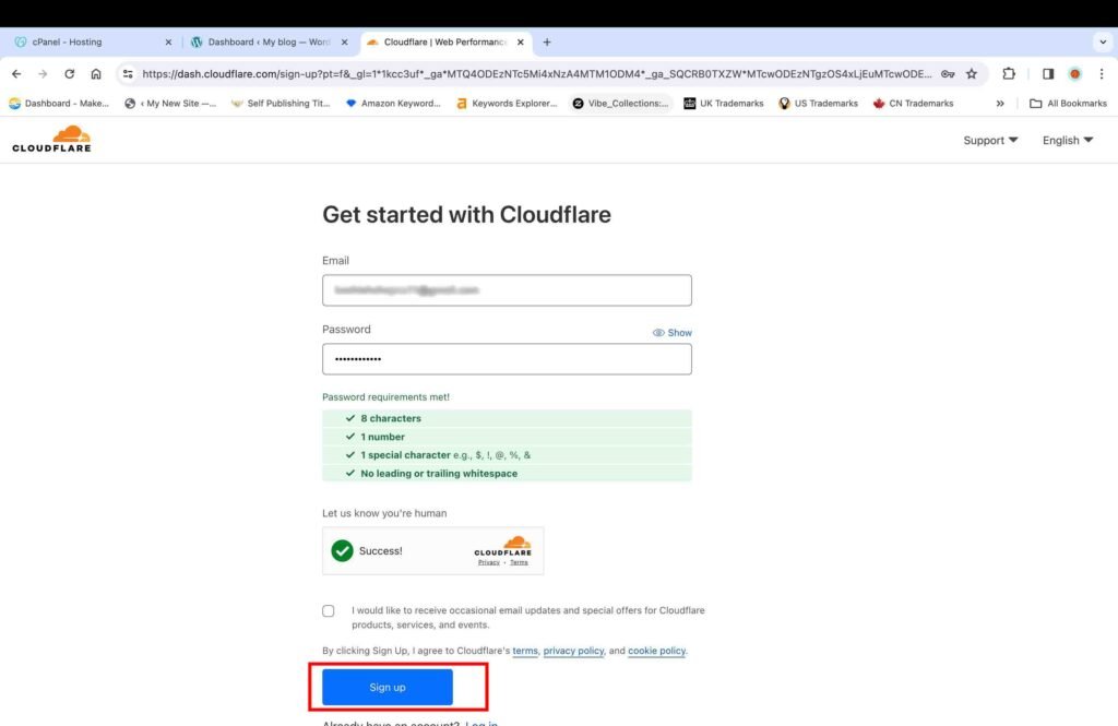 Cloudflare screenshot showing how to signup.