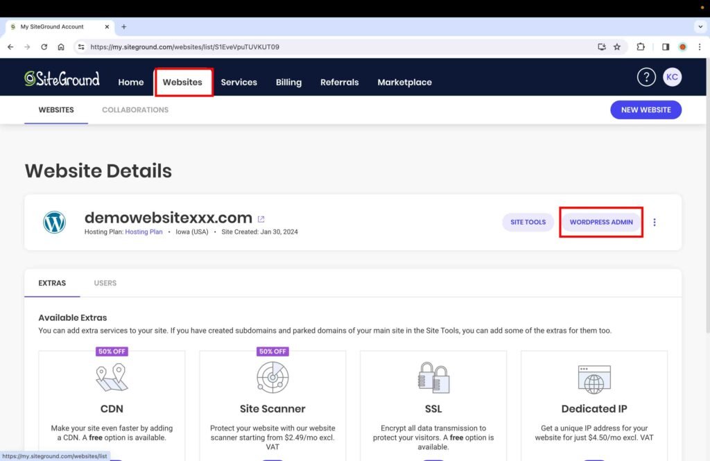 SiteGround screenshot showing how to access the WordPress admin page.