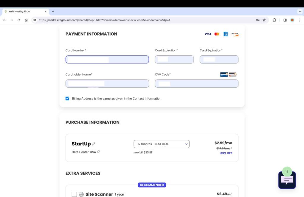 SiteGround screenshot showing how to add the payment information to purchase a WordPress Plan.