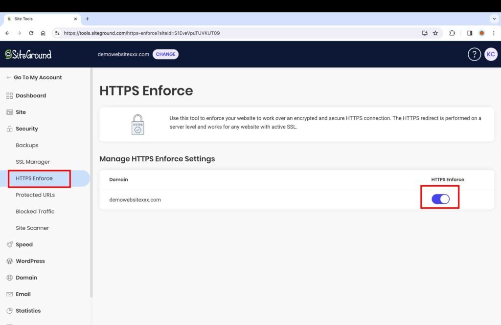 SiteGround screenshot showing how to enforce HTTPS.