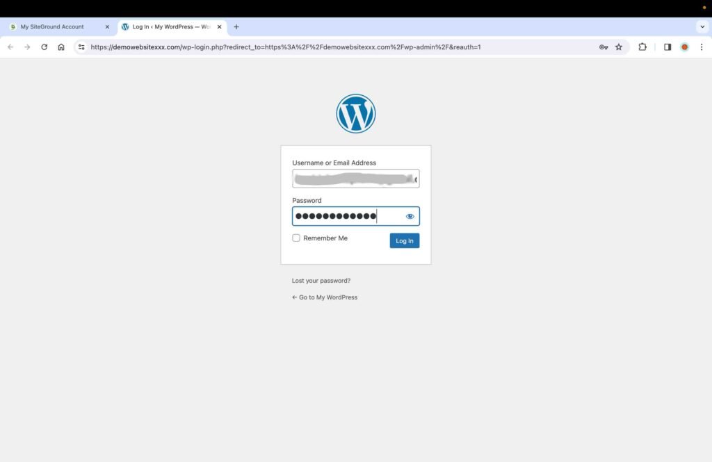 SiteGround screenshot showing the WordPress admin login page.