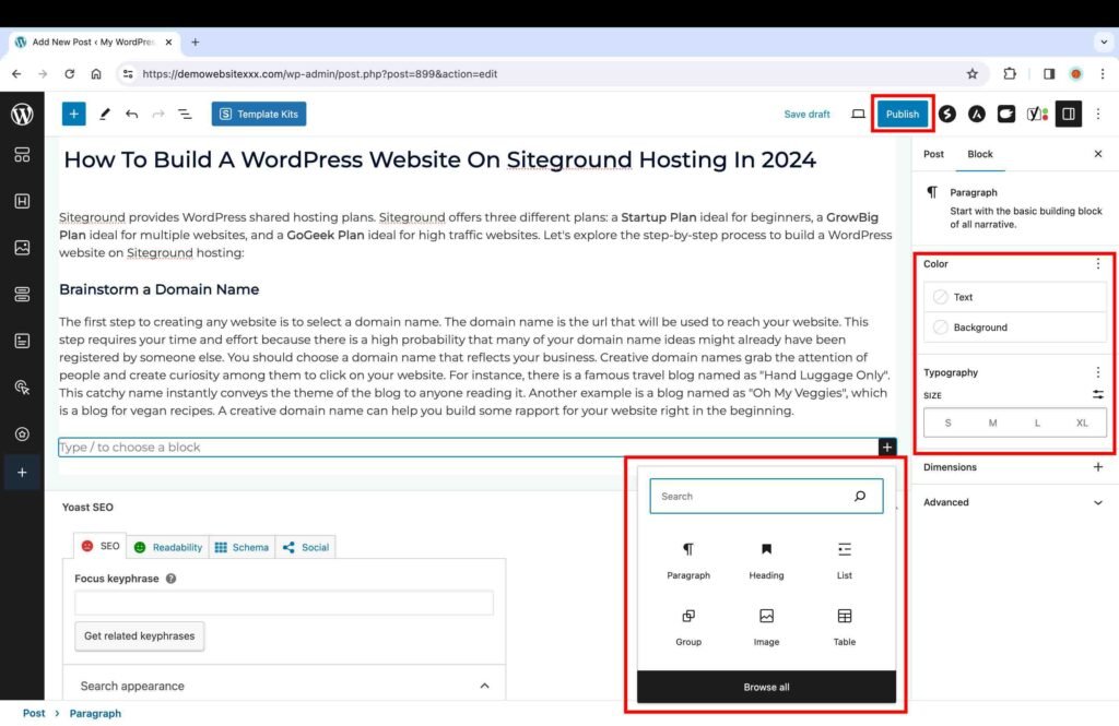 WordPress screenshot showing how to edit and publish a post.