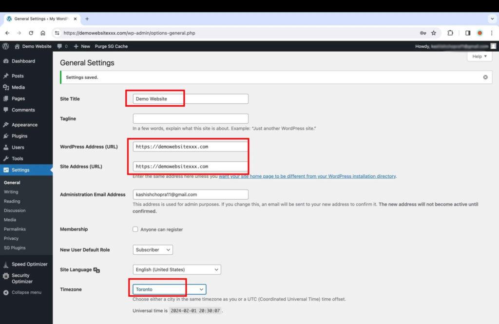 SiteGround screenshot showing WordPress' general settings page.