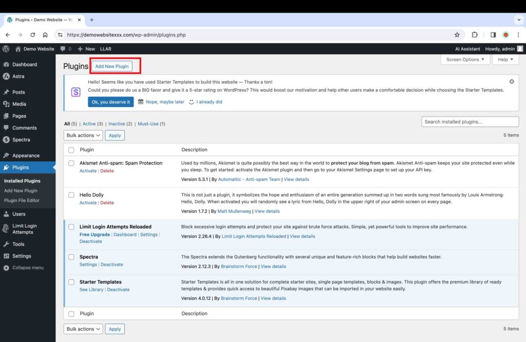 WordPress screenshot showing how to add a new plugin.