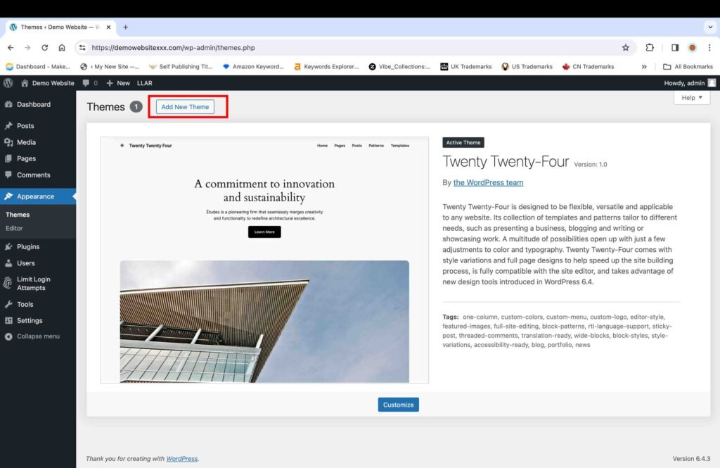 WordPress screenshot showing how to add a new theme.