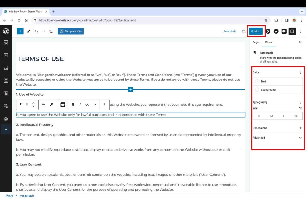 WordPress screenshot showing how to publish a new page.