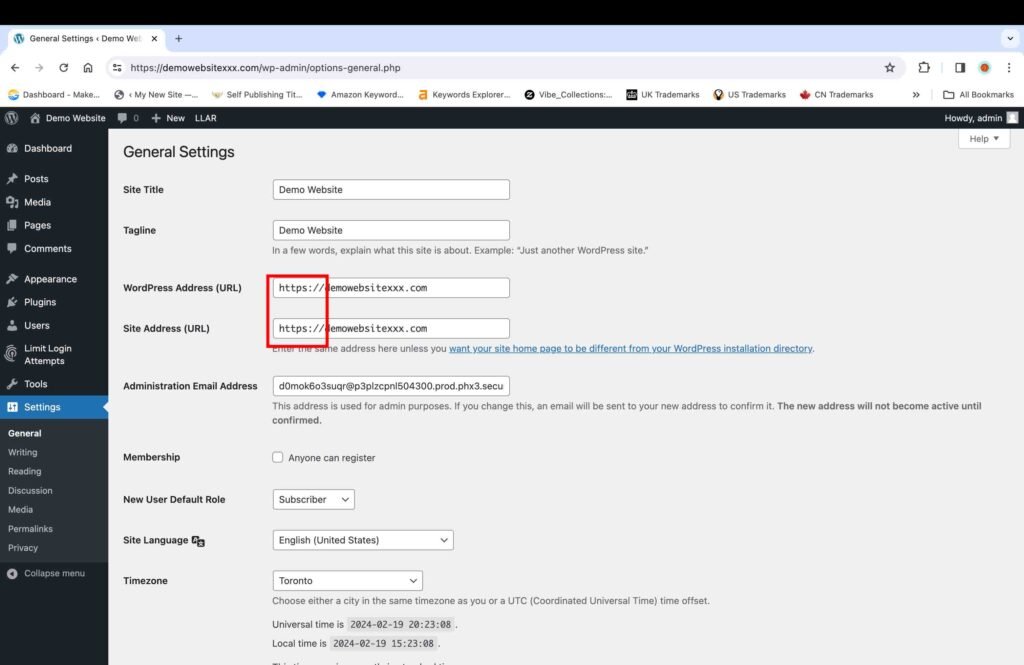 WordPress screenshot showing how to change the URL from HTTP to HTTPS.