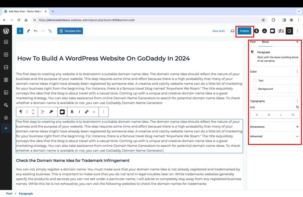 WordPress screenshot showing how to publish a post.