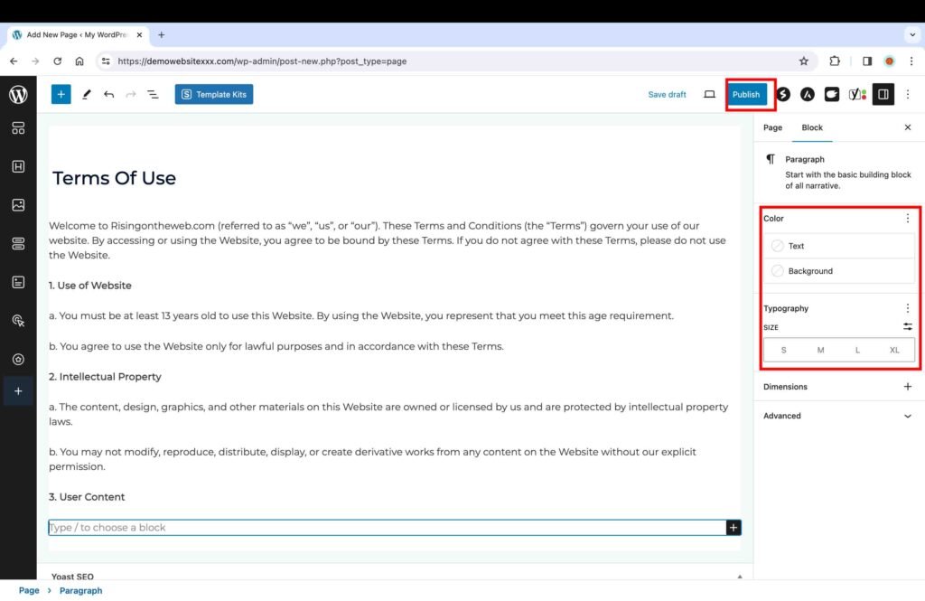 WordPress screenshot showing how to add and publish a page.