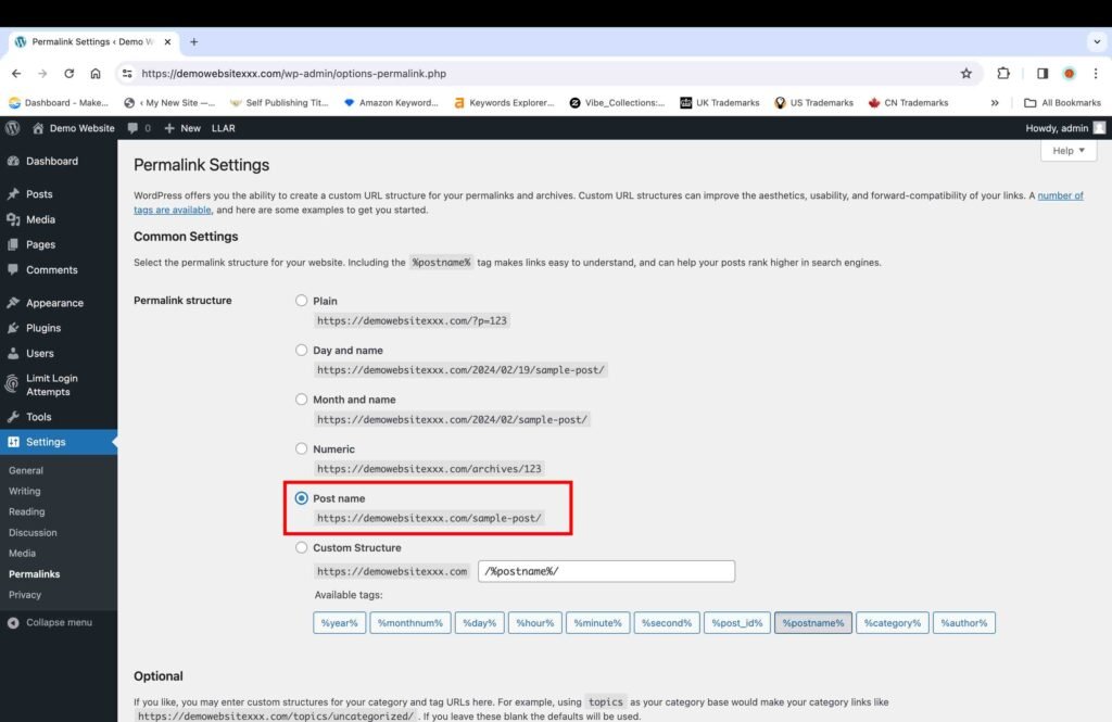 WordPress screenshot showing how to set the Permalink structure to Post name.