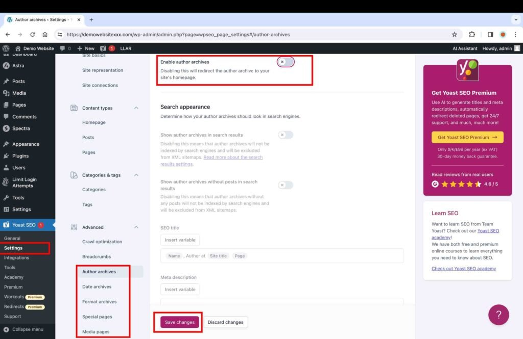 Yoast SEO screenshot showing how to disable author archives.