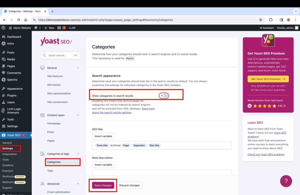 Yoast SEO screenshot showing how to disable categories in the search appearance.