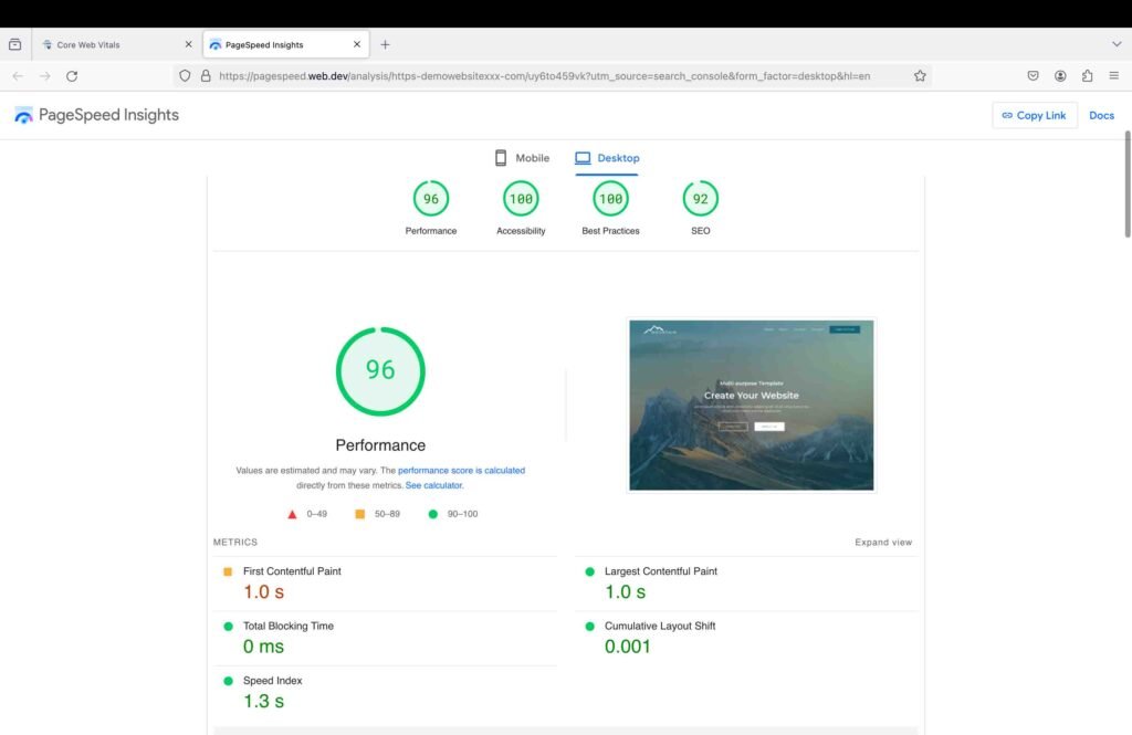 Google page speed insights tool screenshot showing a website analysis for desktop viewing to cover the GoDaddy web hosting review.