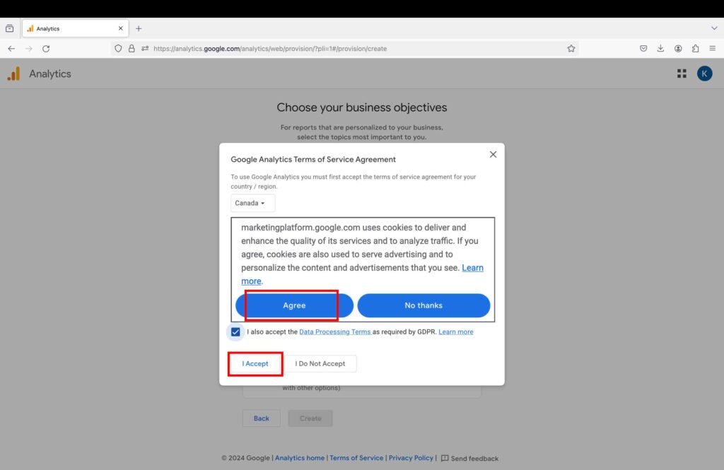 Screenshot showing the business terms and conditions window screen.