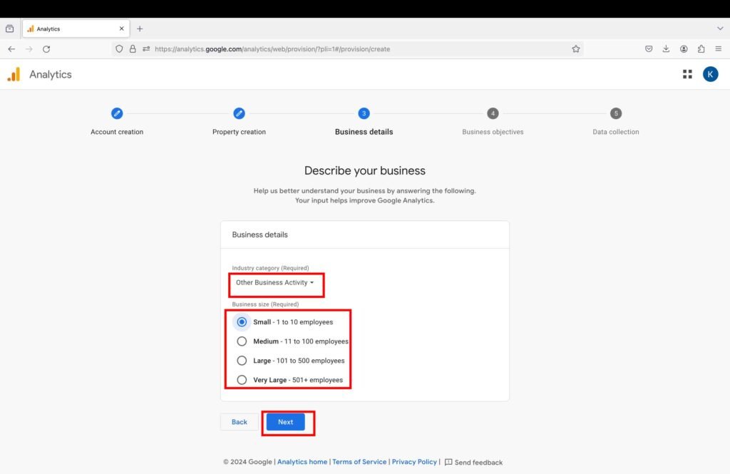 Screenshot showing the business details page of Google Analytics.