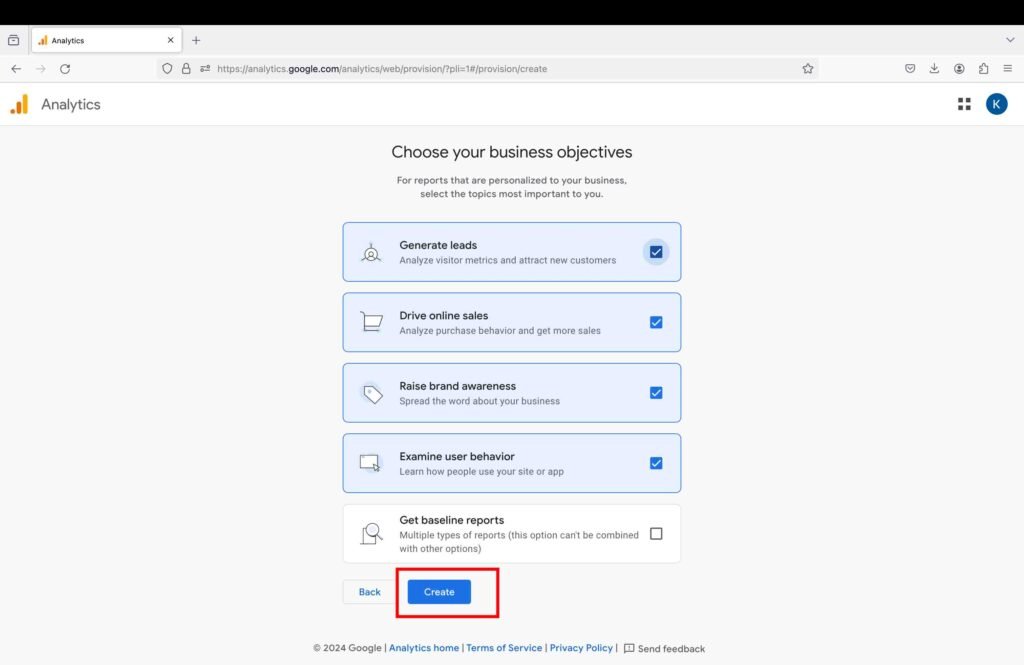 Screenshot showing the business objectives page of Google Analytics.