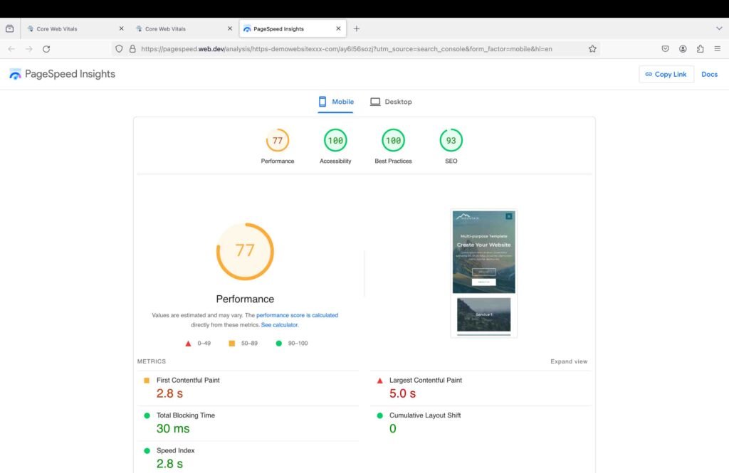 Google page speed insights tool screenshot showing a website analysis for mobile viewing to cover the GoDaddy web hosting review.