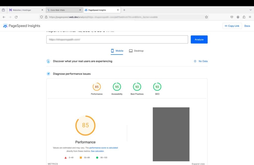 Screenshot showing Google PageSpeed Insight tool test result for Hostinger web hosting review.