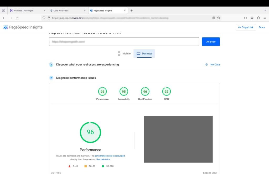 Screenshot showing Google Page Speed Insights tool test results for Hostinger web hosting review.