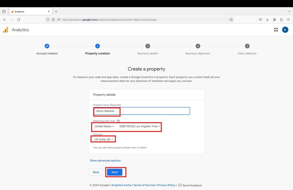 Screenshot showing the property creation page of Google Analytics.