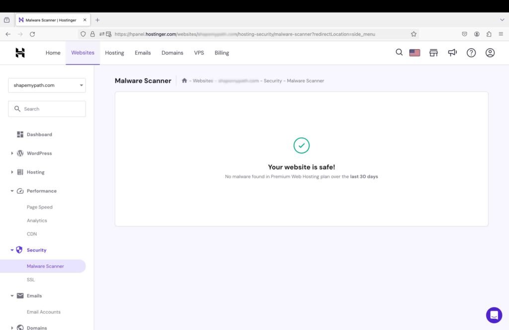 Screenshot showing Hostinger malware scanner.