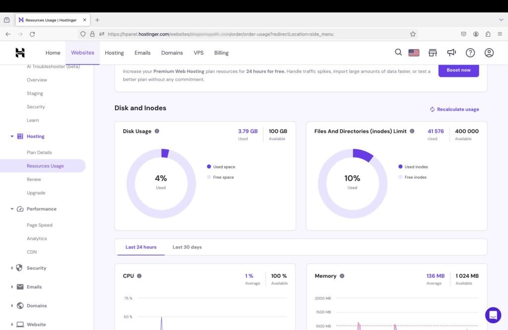 Screenshot showing Hostinger resource usage dashboard.