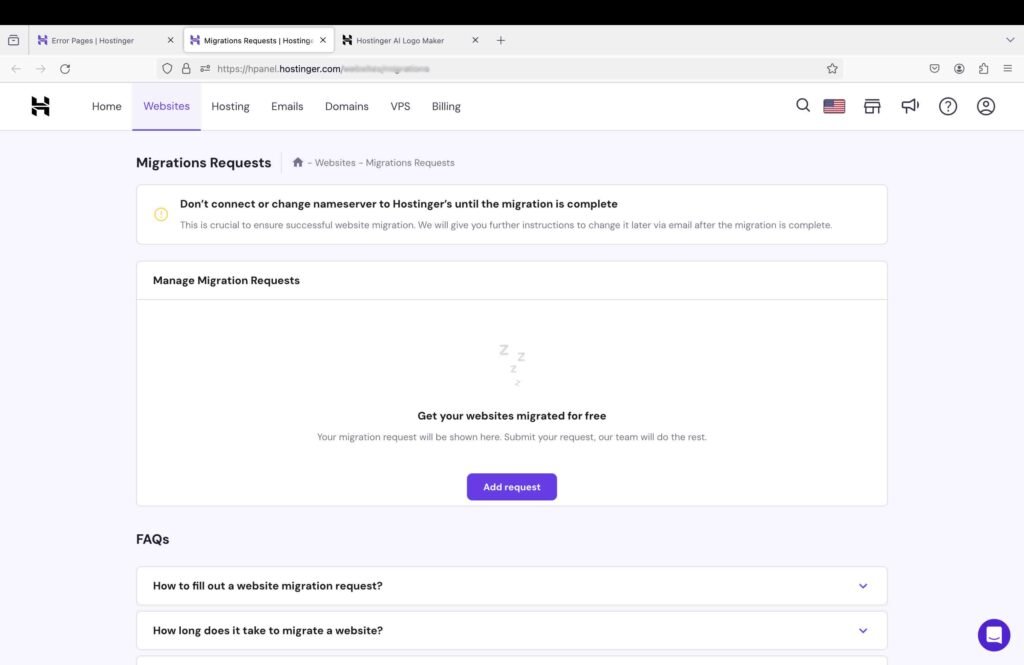Screenshot showing Hostinger migration requests page.