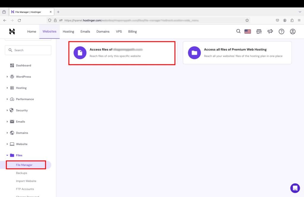 Hostinger hPanel screenshot showing how to access the files of your WordPress site.