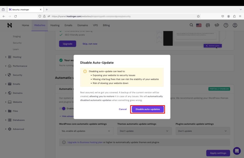 Hostinger hPanel screenshot showing how to disable the auto-updates in order to resolve the disabled automatic updates issue.