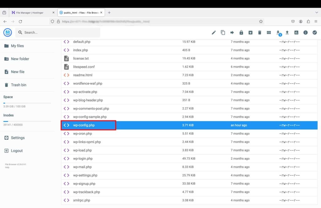 Hostinger screenshot showing how to open "wp-config.php" file.