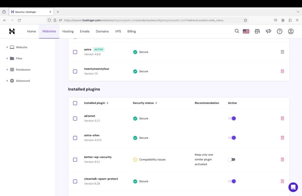 Screenshot showing Hostinger security dashboard.