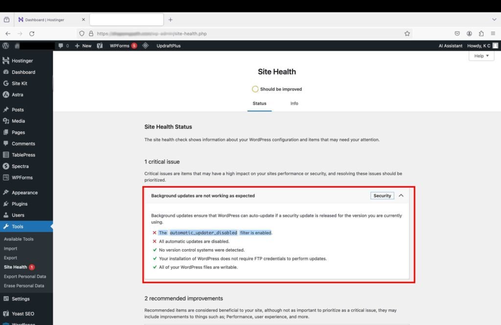 WordPress site health section showing the critical issue that the automatic updates are disabled.