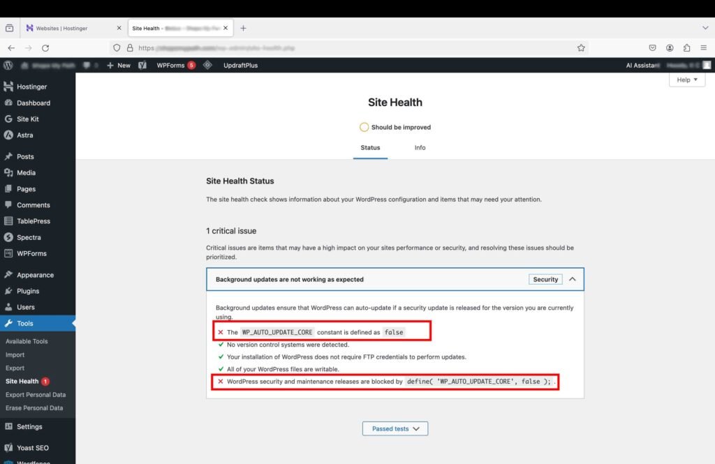 WordPress site health screenshot showing the critical error that the WordPress core updates are blocked.