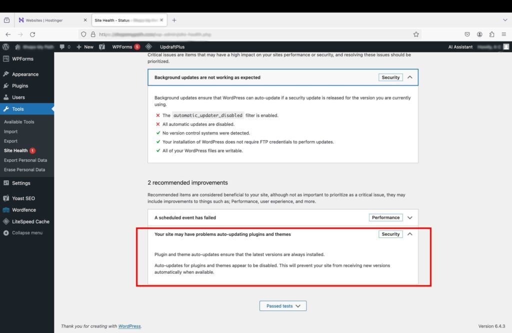 WordPress site health section showing the recommended improvement that the site have problems auto-updating plugins and themes.